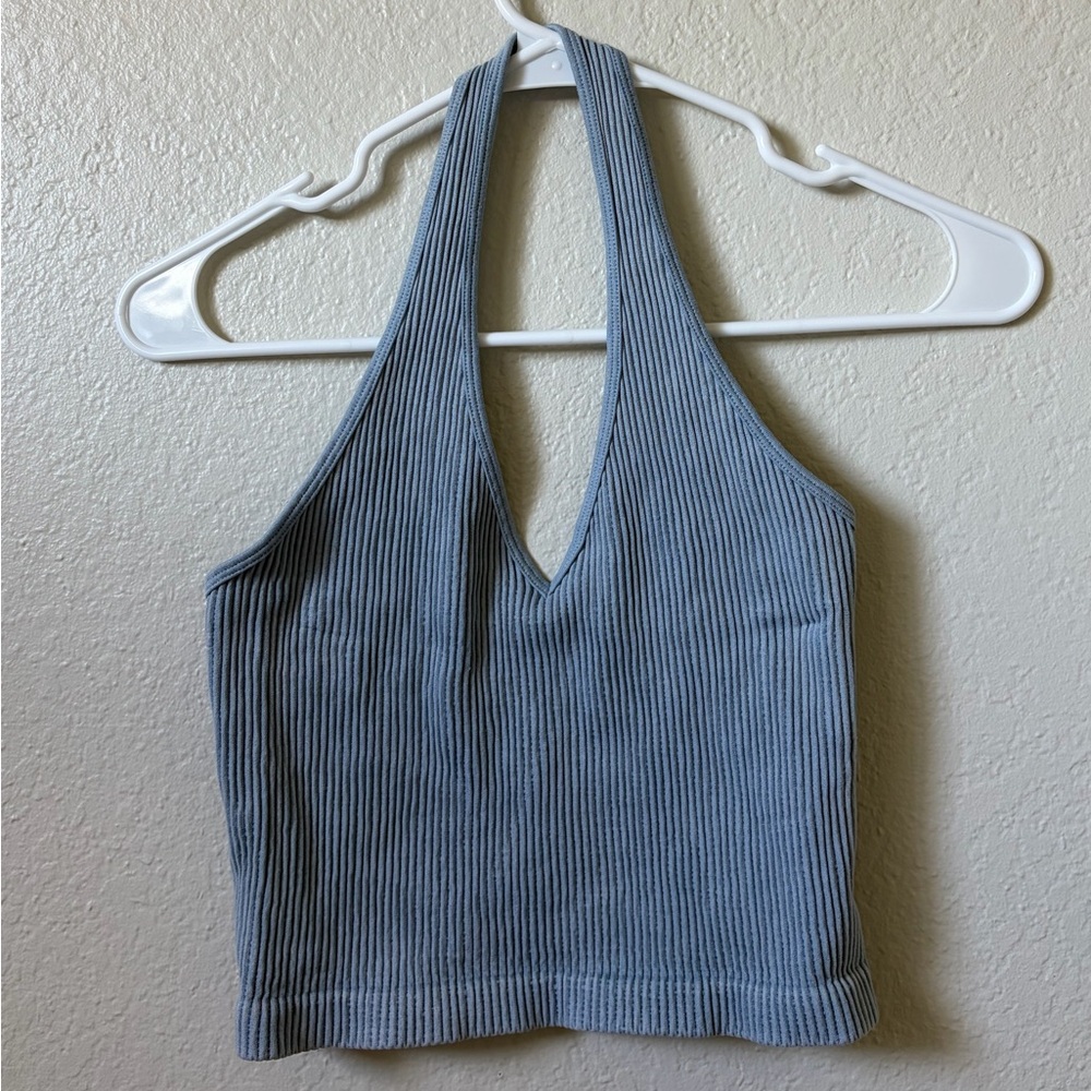 Bella Seamless Light Blue Ribbed Halter Tank Top